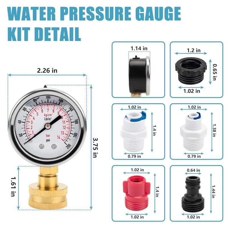PROSOCOOL Universal Water Pressure Glycerin Filled Gauge Kit 0-200 Psi for All Purpose Water Pressure Measurement, 3/4" Female Garden Hose Thread Water Dial Gauge with Extra 5 Adapters for Multiple Use - Image 2